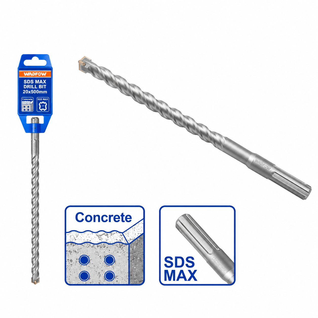 Foret SDS MAX WADFOW 10 12 16 18 20 22 25 28 30 32mm — Perçage Béton Armé Roche Maçonnerie Lourde Gros Œuvre | SQES Tunisie
