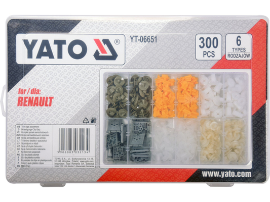 Assortiment 300 clips de garniture Renault YATO YT-06651, 6 types, fixation carrosserie intérieure
